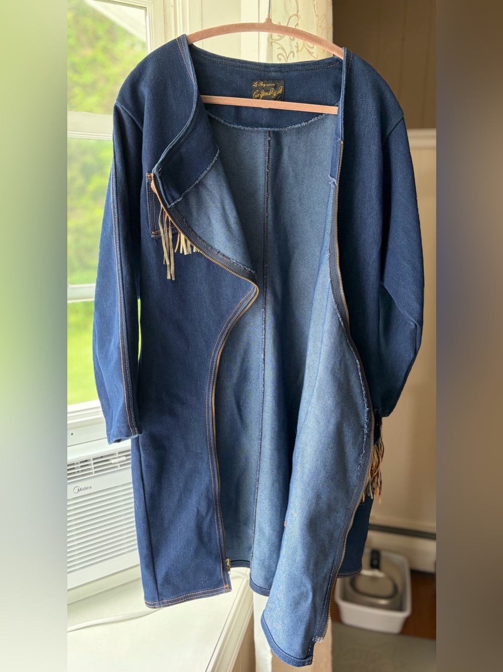 🎉HP🎉 Rare 70s Le Roy Couture Asymmetric Denim Fringe Dress Sz L Western Boho EUC - Picture 4 of 6